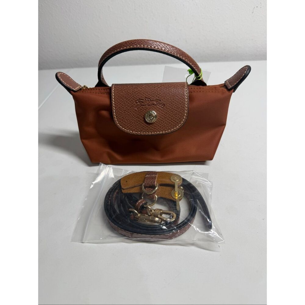 Longchamp Mini Le Pliage Cognac Brown Top Handle Bag + Strap - Picture 4 of 9